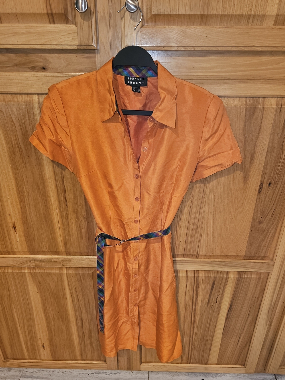 Spenser Jeremy Orange Button-Front Shirt Dress with Plaid Belt